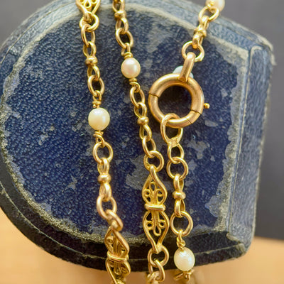 Rare Victorian 18ct Gold & Pearl Fancy Link Chain Necklace