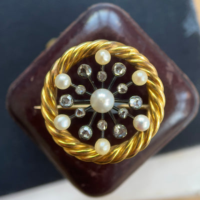 Victorian 18ct Gold, Diamond & Pearl Star Brooch