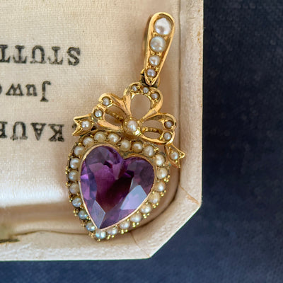 Edwardian 9ct Gold Amethyst & Pearl Heart Pendant