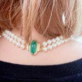Vintage Akoya Pearl Necklace with 18ct Gold Cabochon Emerald Clasp