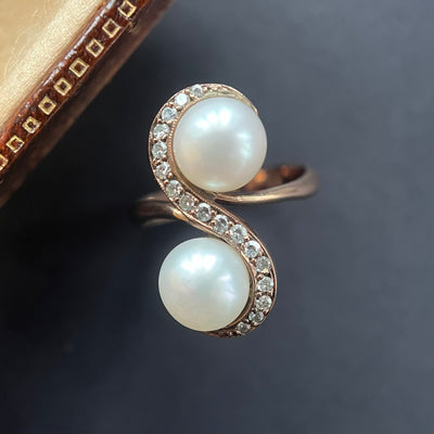 “Toi & Moi” Art Nouveau 9ct Gold Diamond and Pearl Ring