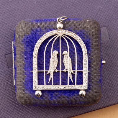 Vintage 18ct White Gold & Diamond Love Birds Pendant